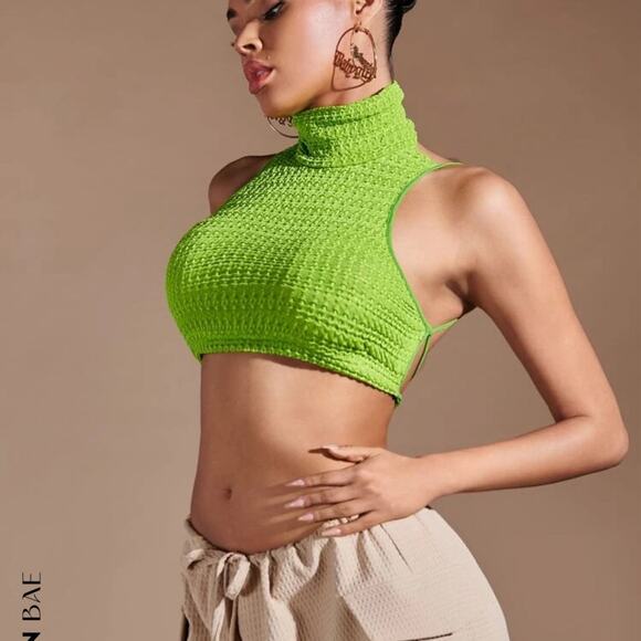 Green High Neck Lace Up Crop Top - Picture 1 of 9
